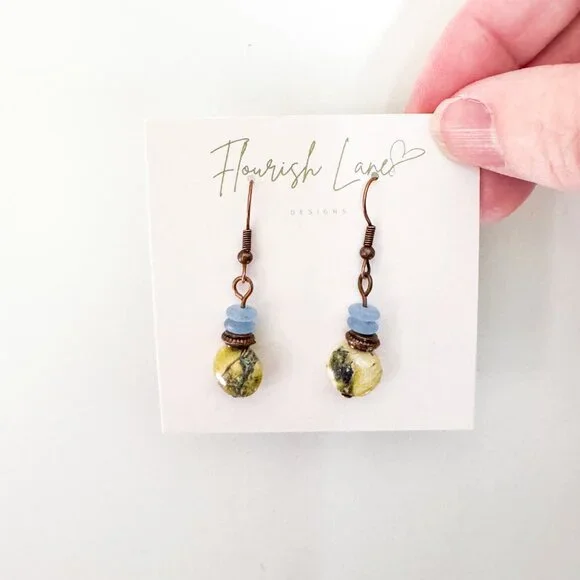 Serpentine Stone & Copper Boho Dangle Earrings - Picture 4 of 10